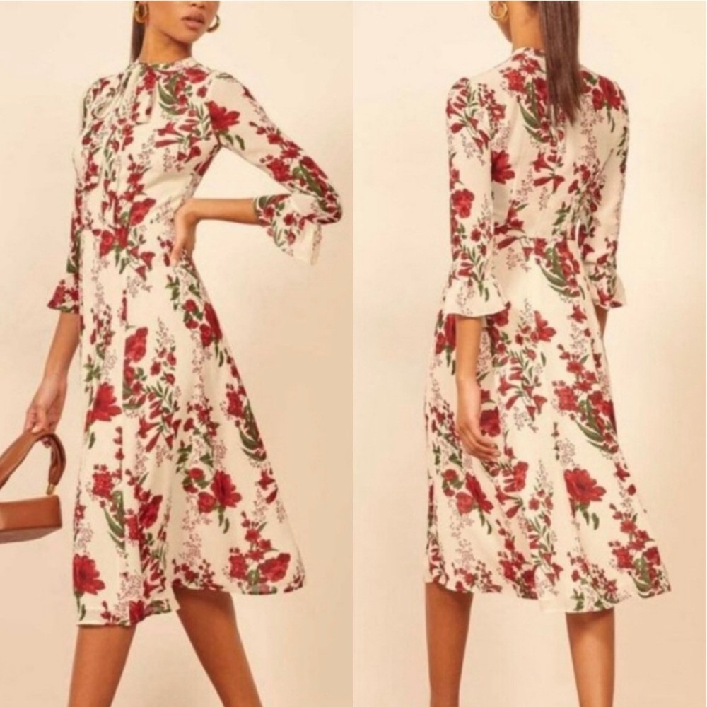 Reformation Castel Floral Midi Dress Cottagecore Cream Red Size 4 Ruffle Cuff